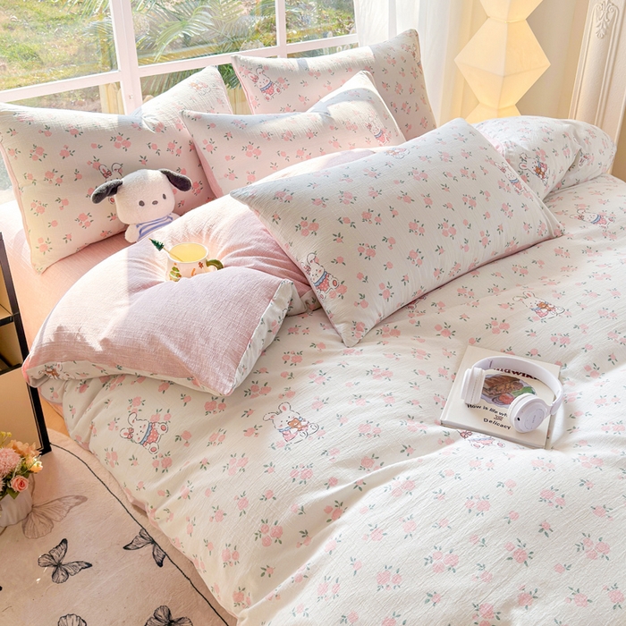 91家纺网 家纺一手货源 找家纺 王朝国际 2026新款时尚印花棉纱四件套 花小兔