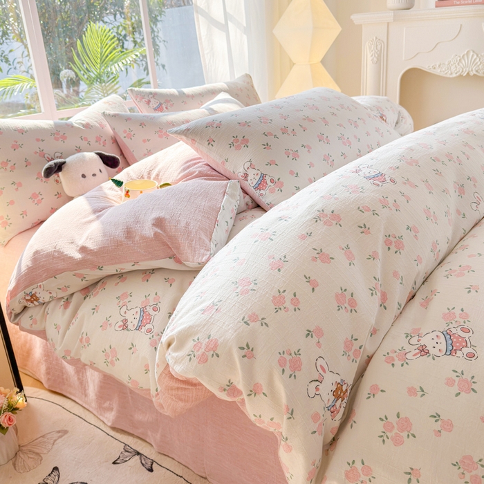 91家纺网 家纺一手货源 找家纺 王朝国际 2026新款时尚印花棉纱四件套 花小兔