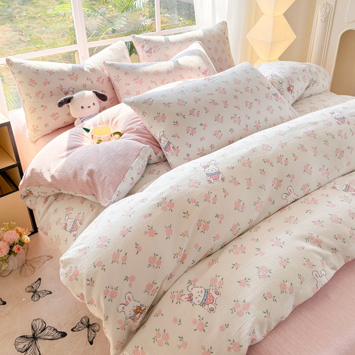 91家纺网 家纺一手货源 找家纺 王朝国际 2026新款时尚印花棉纱四件套 花小兔