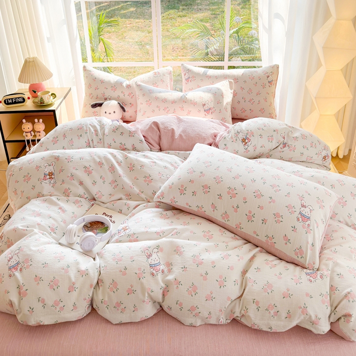 91家纺网 家纺一手货源 找家纺 王朝国际 2026新款时尚印花棉纱四件套 花小兔