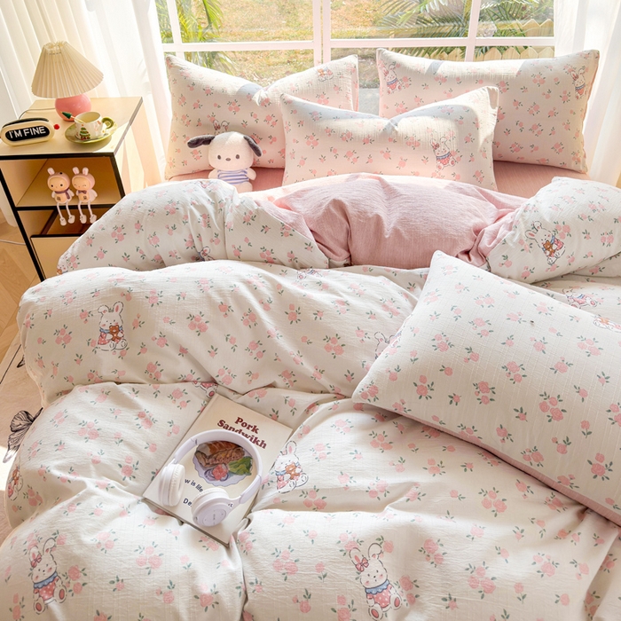 91家纺网 家纺一手货源 找家纺 王朝国际 2026新款时尚印花棉纱四件套 花小兔