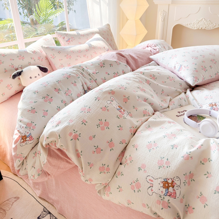 91家纺网 家纺一手货源 找家纺 王朝国际 2026新款时尚印花棉纱四件套 花小兔