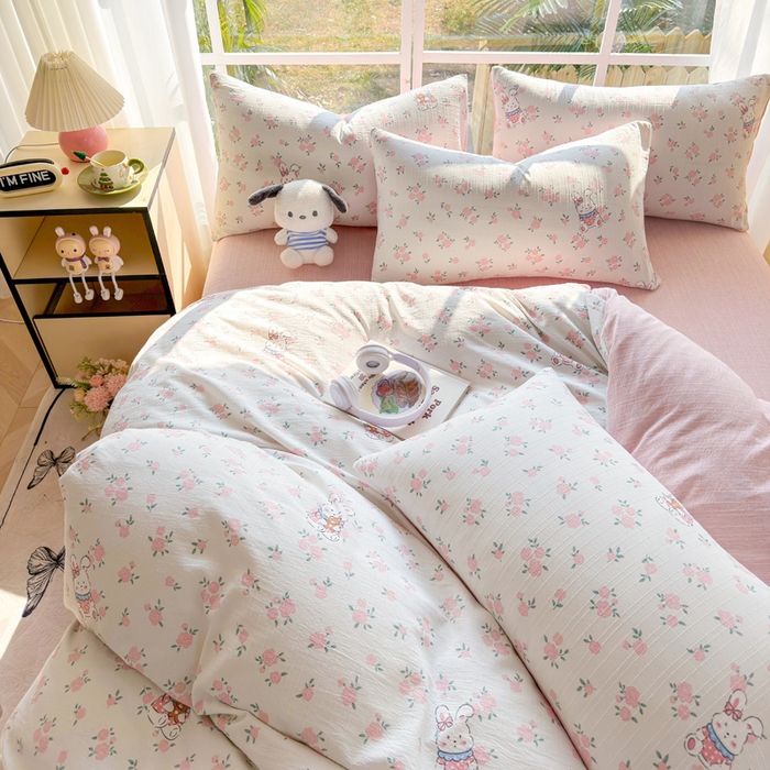 91家纺网 家纺一手货源 找家纺 王朝国际 2026新款时尚印花棉纱四件套 花小兔