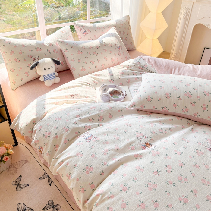 91家纺网 家纺一手货源 找家纺 王朝国际 2026新款时尚印花棉纱四件套 花小兔