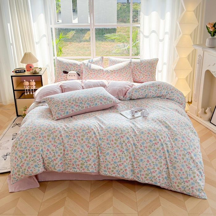 91家纺网 家纺一手货源 找家纺 王朝国际 2026新款时尚印花棉纱四件套 花影