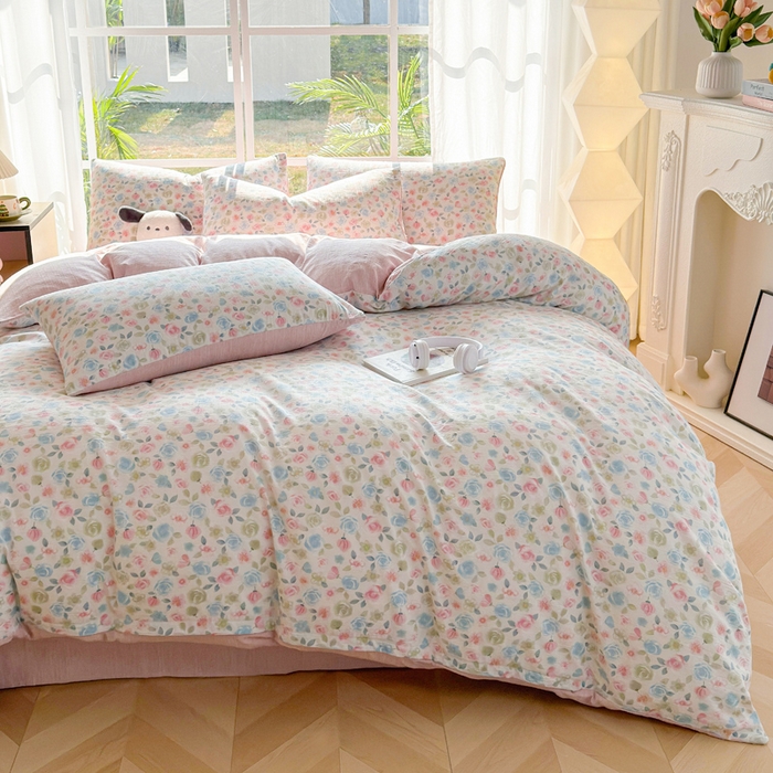 91家纺网 家纺一手货源 找家纺 王朝国际 2026新款时尚印花棉纱四件套 花影