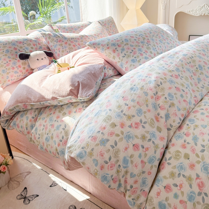 91家纺网 家纺一手货源 找家纺 王朝国际 2026新款时尚印花棉纱四件套 花影