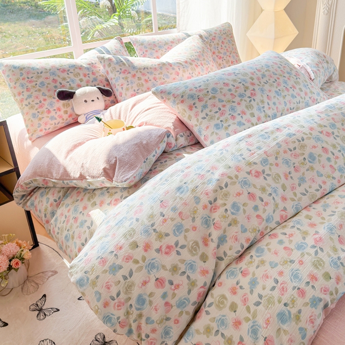 91家纺网 家纺一手货源 找家纺 王朝国际 2026新款时尚印花棉纱四件套 花影