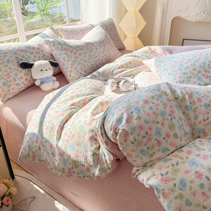 91家纺网 家纺一手货源 找家纺 王朝国际 2026新款时尚印花棉纱四件套 花影