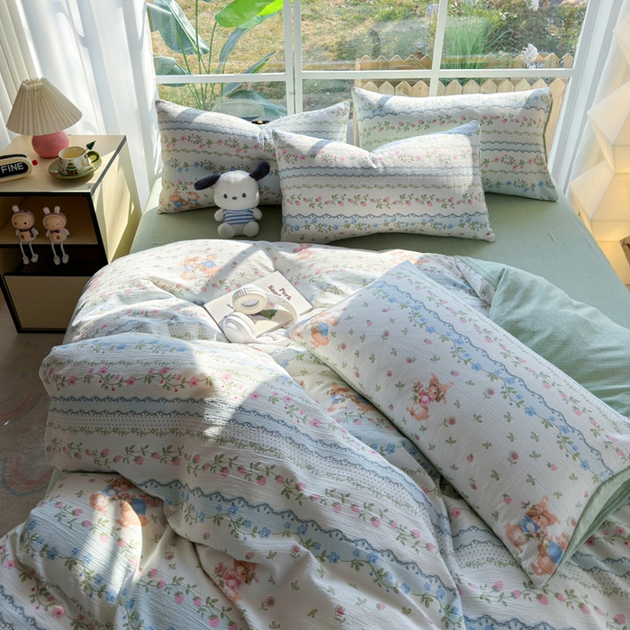 91家纺网 家纺一手货源 找家纺 王朝国际 2026新款时尚印花棉纱四件套 可妮兔