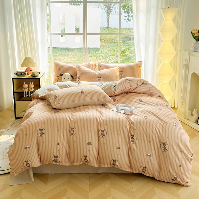 91家纺网 家纺一手货源 找家纺 王朝国际 2026新款时尚印花棉纱四件套 蕾丝小熊