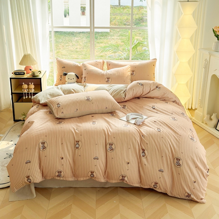 91家纺网 家纺一手货源 找家纺 王朝国际 2026新款时尚印花棉纱四件套 蕾丝小熊