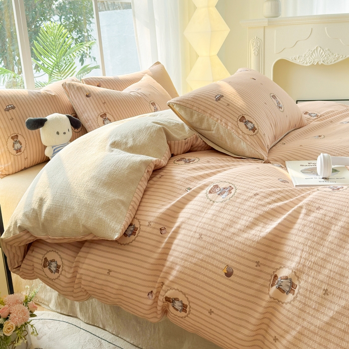 91家纺网 家纺一手货源 找家纺 王朝国际 2026新款时尚印花棉纱四件套 蕾丝小熊