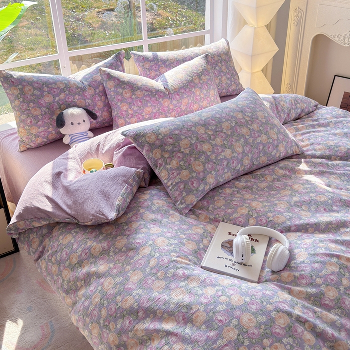 91家纺网 家纺一手货源 找家纺 王朝国际 2026新款时尚印花棉纱四件套 玫瑰园