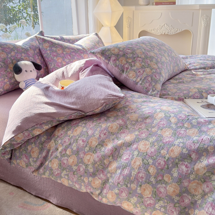 91家纺网 家纺一手货源 找家纺 王朝国际 2026新款时尚印花棉纱四件套 玫瑰园