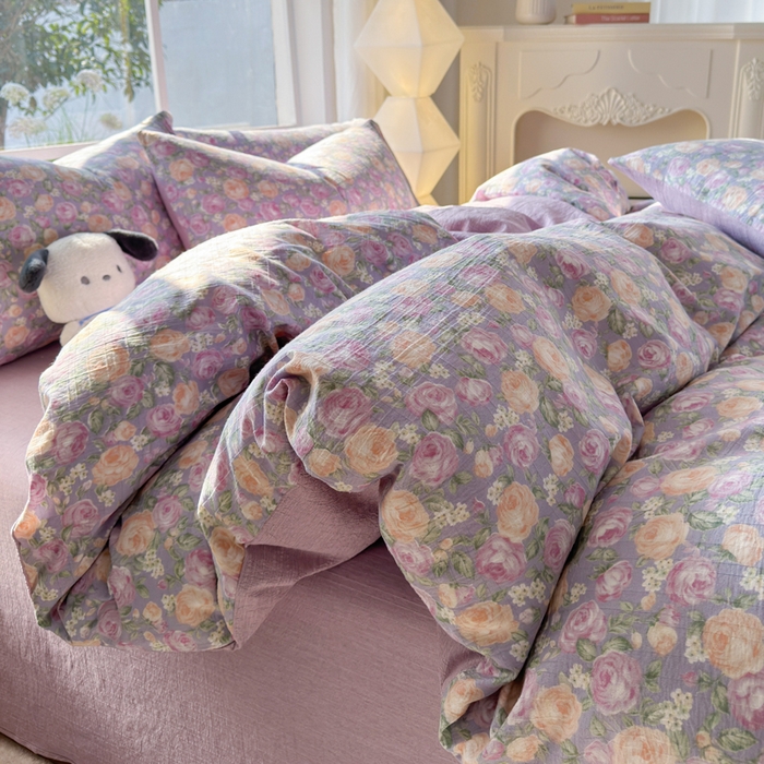 91家纺网 家纺一手货源 找家纺 王朝国际 2026新款时尚印花棉纱四件套 玫瑰园