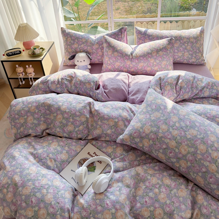 91家纺网 家纺一手货源 找家纺 王朝国际 2026新款时尚印花棉纱四件套 玫瑰园