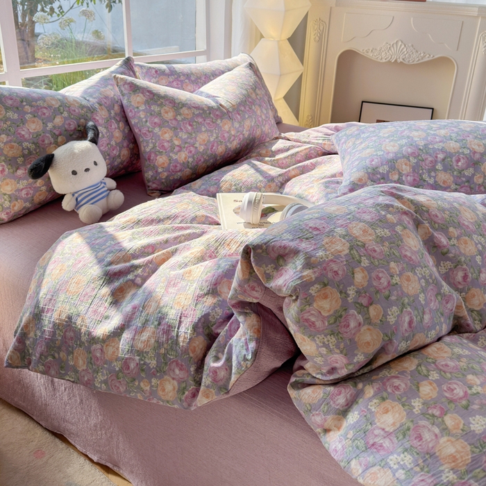 91家纺网 家纺一手货源 找家纺 王朝国际 2026新款时尚印花棉纱四件套 玫瑰园