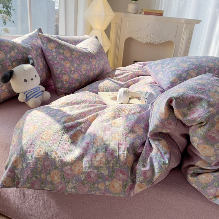 91家纺网 家纺一手货源 找家纺 王朝国际 2026新款时尚印花棉纱四件套 玫瑰园