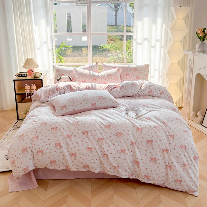 91家纺网 家纺一手货源 找家纺 王朝国际 2026新款时尚印花棉纱四件套 梦幻花纱