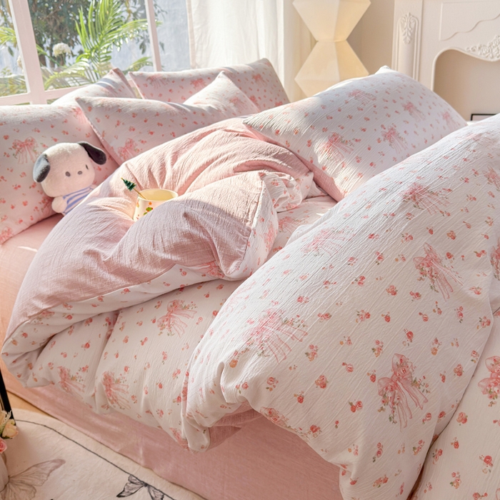 91家纺网 家纺一手货源 找家纺 王朝国际 2026新款时尚印花棉纱四件套 梦幻花纱