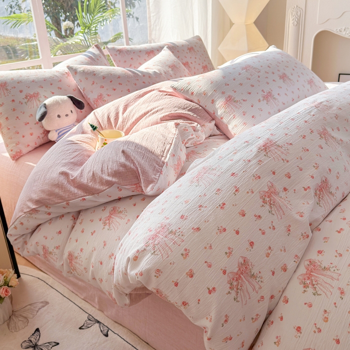 91家纺网 家纺一手货源 找家纺 王朝国际 2026新款时尚印花棉纱四件套 梦幻花纱