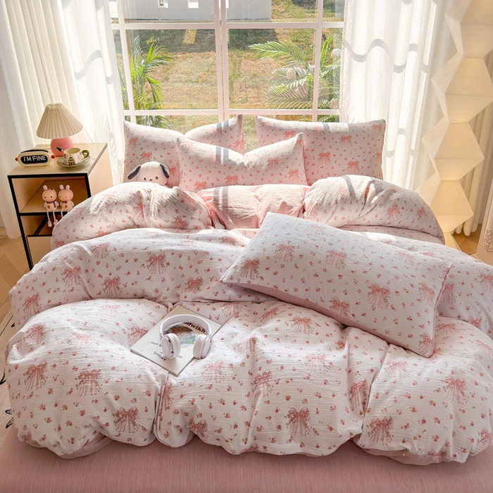 91家纺网 家纺一手货源 找家纺 王朝国际 2026新款时尚印花棉纱四件套 梦幻花纱