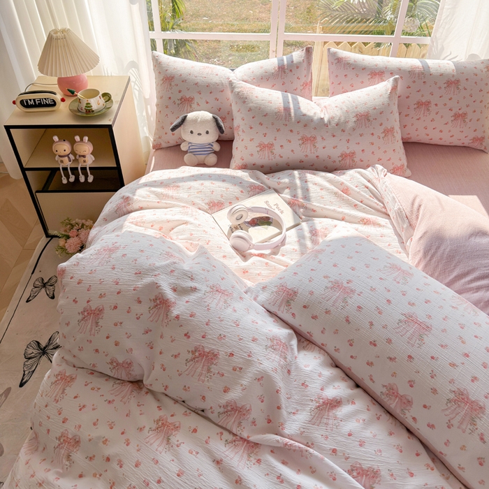 91家纺网 家纺一手货源 找家纺 王朝国际 2026新款时尚印花棉纱四件套 梦幻花纱