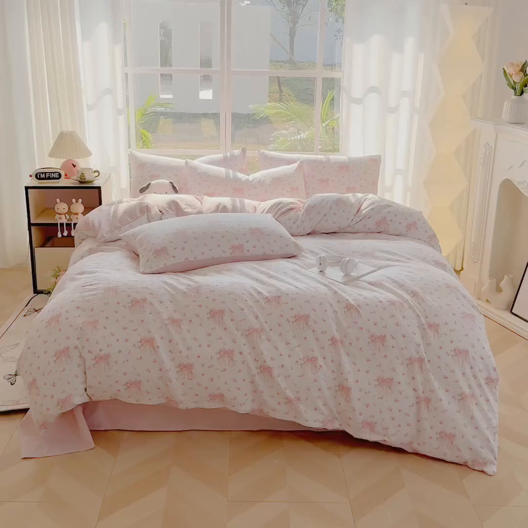 91家纺网 家纺一手货源 找家纺 王朝国际 2026新款时尚印花棉纱四件套 梦幻花纱