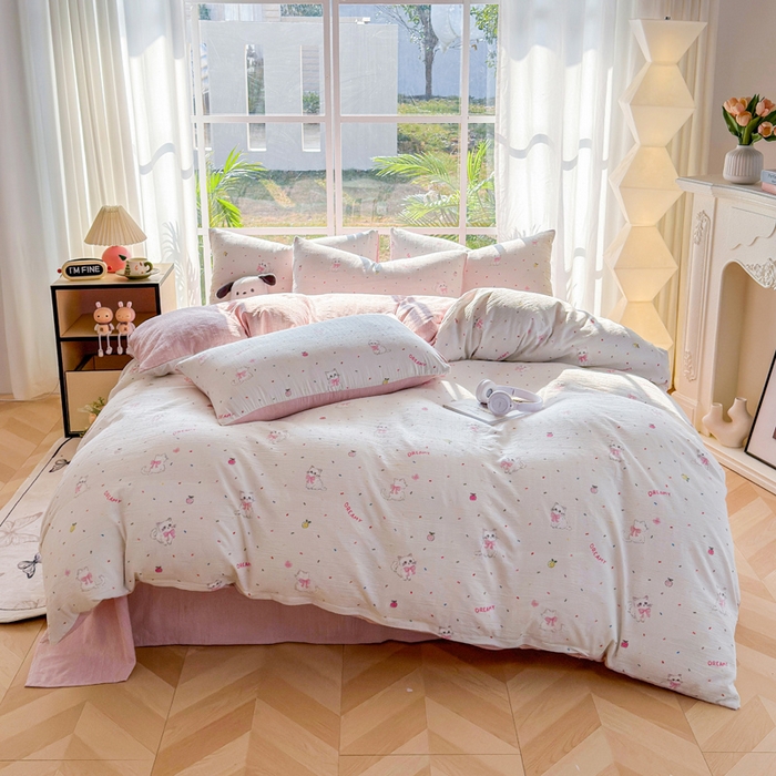 91家纺网 家纺一手货源 找家纺 王朝国际 2026新款时尚印花棉纱四件套 奶芙喵