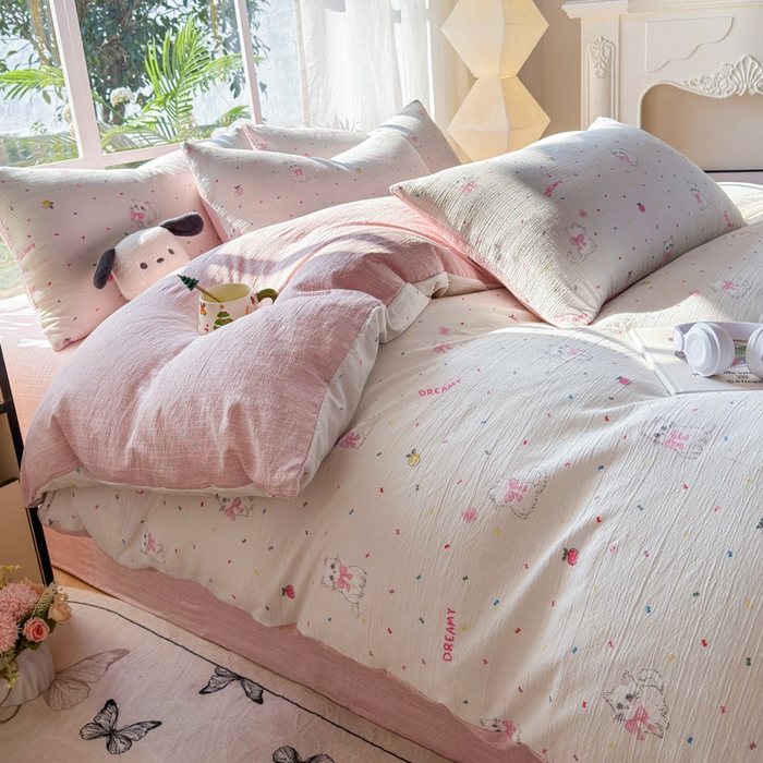 91家纺网 家纺一手货源 找家纺 王朝国际 2026新款时尚印花棉纱四件套 奶芙喵