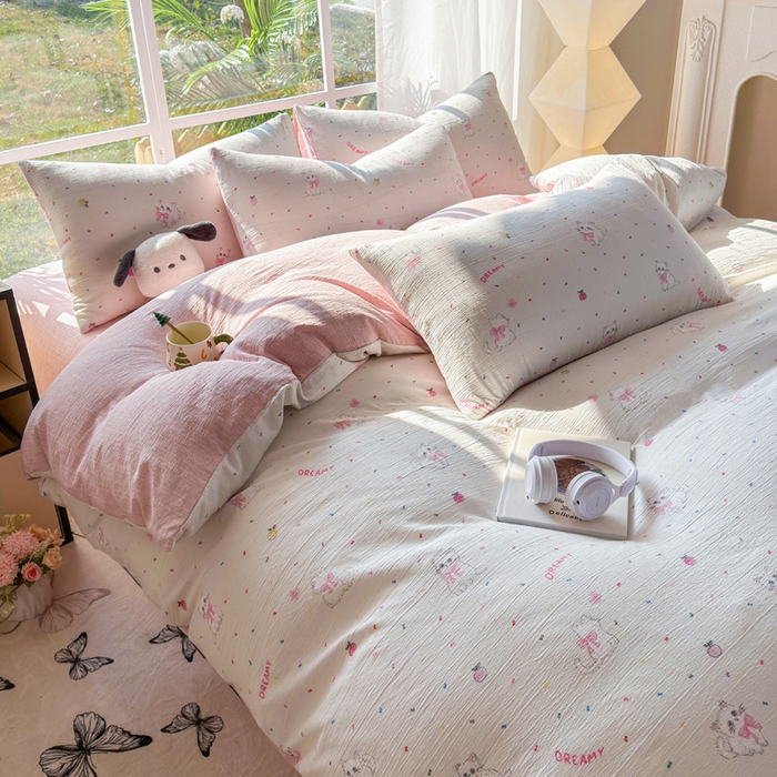 91家纺网 家纺一手货源 找家纺 王朝国际 2026新款时尚印花棉纱四件套 奶芙喵