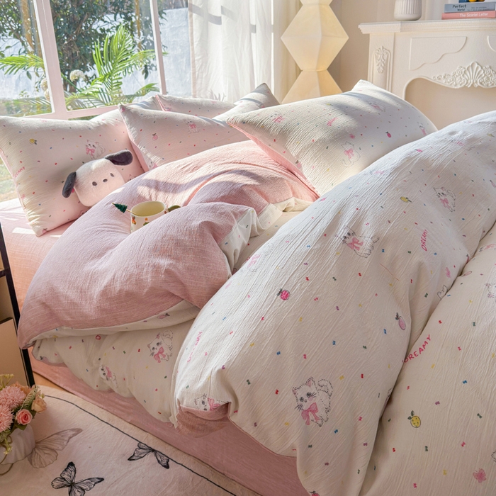 91家纺网 家纺一手货源 找家纺 王朝国际 2026新款时尚印花棉纱四件套 奶芙喵