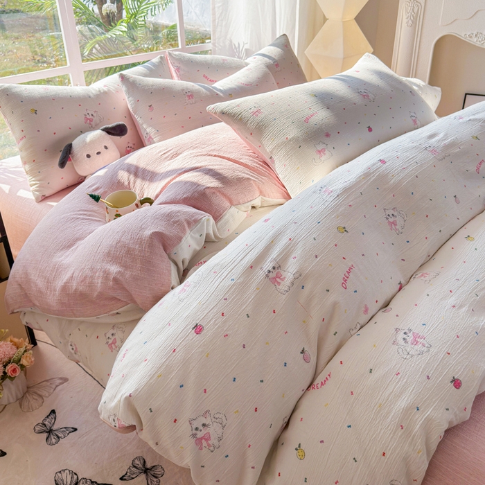 91家纺网 家纺一手货源 找家纺 王朝国际 2026新款时尚印花棉纱四件套 奶芙喵