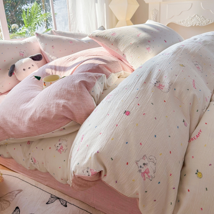 91家纺网 家纺一手货源 找家纺 王朝国际 2026新款时尚印花棉纱四件套 奶芙喵