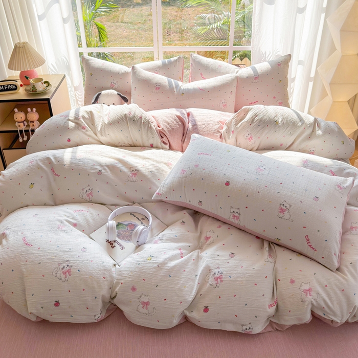 91家纺网 家纺一手货源 找家纺 王朝国际 2026新款时尚印花棉纱四件套 奶芙喵