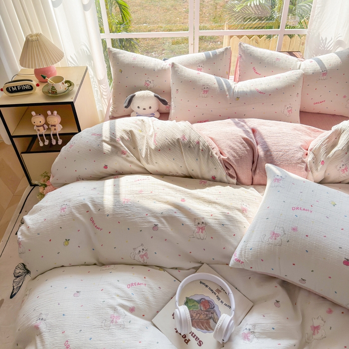 91家纺网 家纺一手货源 找家纺 王朝国际 2026新款时尚印花棉纱四件套 奶芙喵