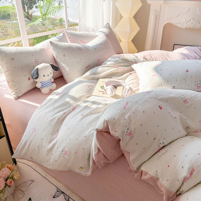 91家纺网 家纺一手货源 找家纺 王朝国际 2026新款时尚印花棉纱四件套 奶芙喵