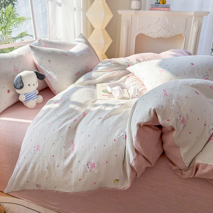 91家纺网 家纺一手货源 找家纺 王朝国际 2026新款时尚印花棉纱四件套 奶芙喵