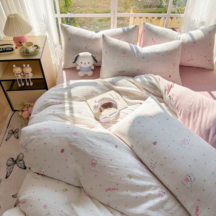 91家纺网 家纺一手货源 找家纺 王朝国际 2026新款时尚印花棉纱四件套 奶芙喵