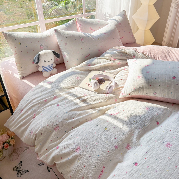 91家纺网 家纺一手货源 找家纺 王朝国际 2026新款时尚印花棉纱四件套 奶芙喵