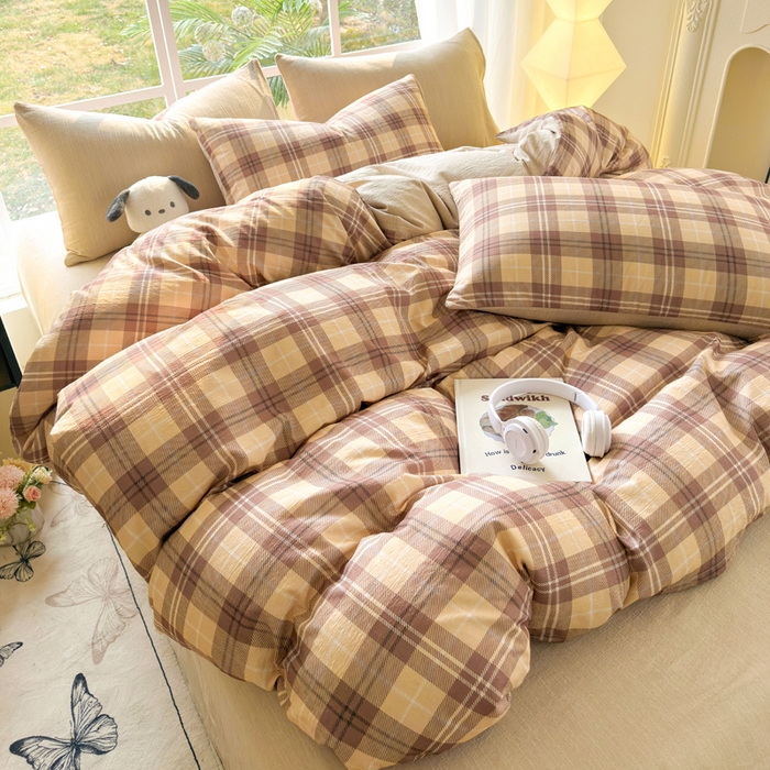 王朝国际 2026新款时尚印花棉纱四件套 奶咖格