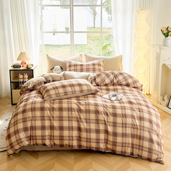 91家纺网 家纺一手货源 找家纺 王朝国际 2026新款时尚印花棉纱四件套 奶咖格