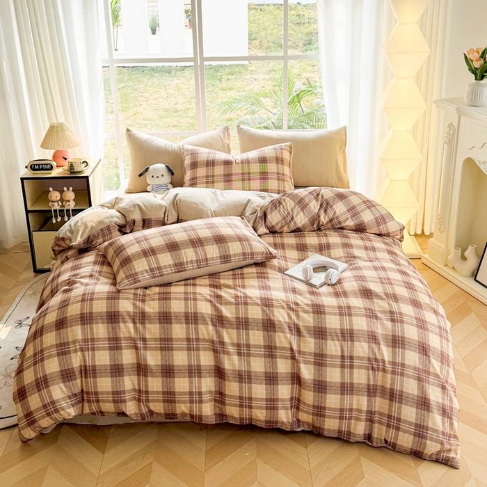 91家纺网 家纺一手货源 找家纺 王朝国际 2026新款时尚印花棉纱四件套 奶咖格