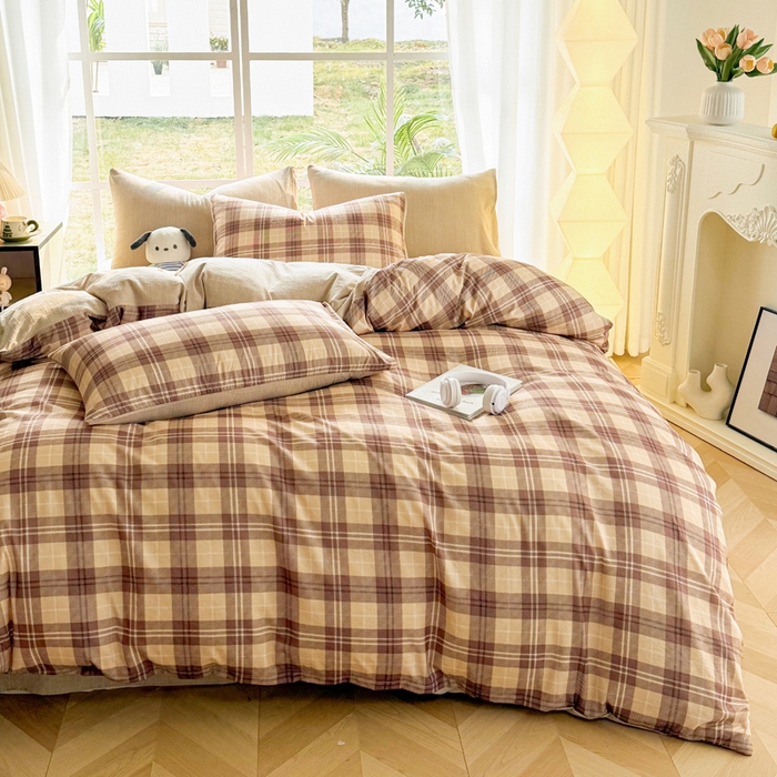 91家纺网 家纺一手货源 找家纺 王朝国际 2026新款时尚印花棉纱四件套 奶咖格