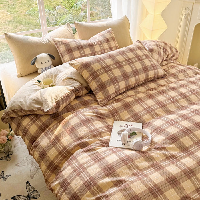 91家纺网 家纺一手货源 找家纺 王朝国际 2026新款时尚印花棉纱四件套 奶咖格