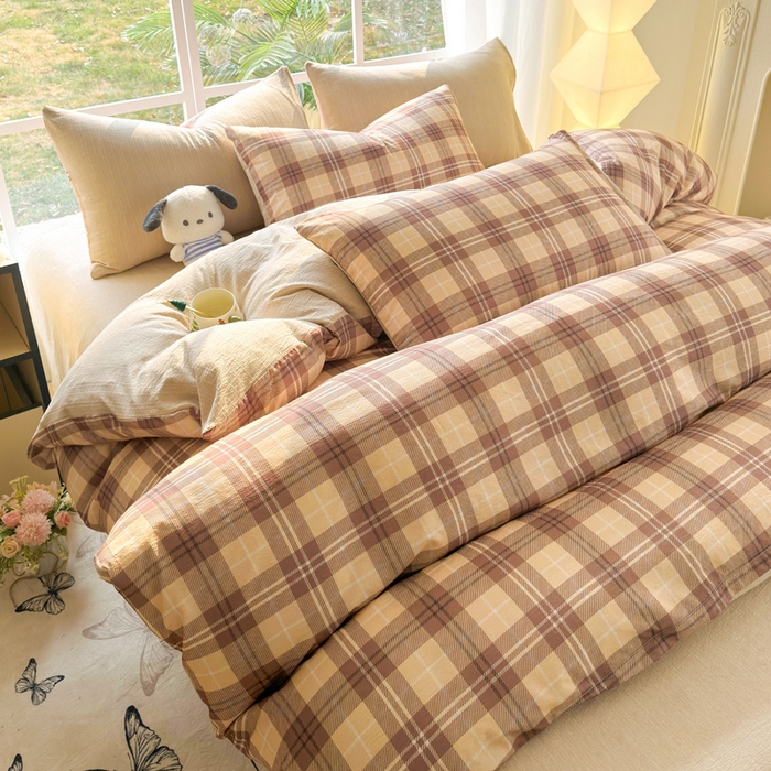 91家纺网 家纺一手货源 找家纺 王朝国际 2026新款时尚印花棉纱四件套 奶咖格