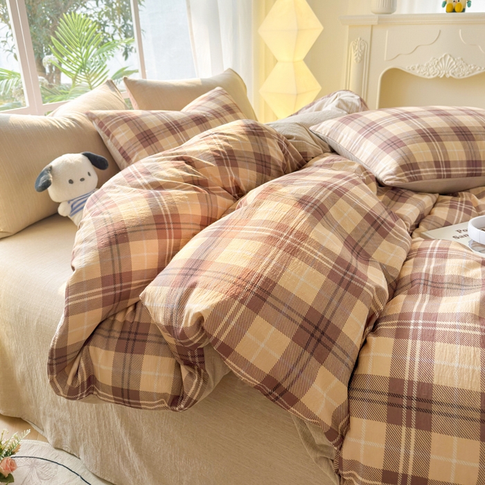 91家纺网 家纺一手货源 找家纺 王朝国际 2026新款时尚印花棉纱四件套 奶咖格