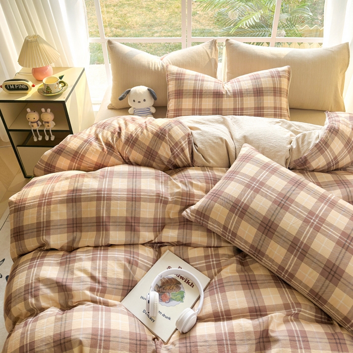 91家纺网 家纺一手货源 找家纺 王朝国际 2026新款时尚印花棉纱四件套 奶咖格