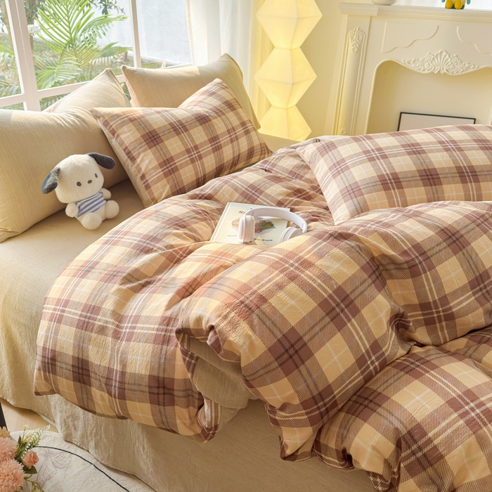 91家纺网 家纺一手货源 找家纺 王朝国际 2026新款时尚印花棉纱四件套 奶咖格